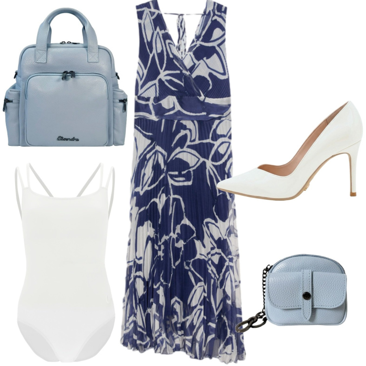 Outfit donna - Aperitivo d’estate. Stile Glamour per Serata fuori. Abbinamento con portachiavi, zaini, body, vestiti lunghi, décolleté.