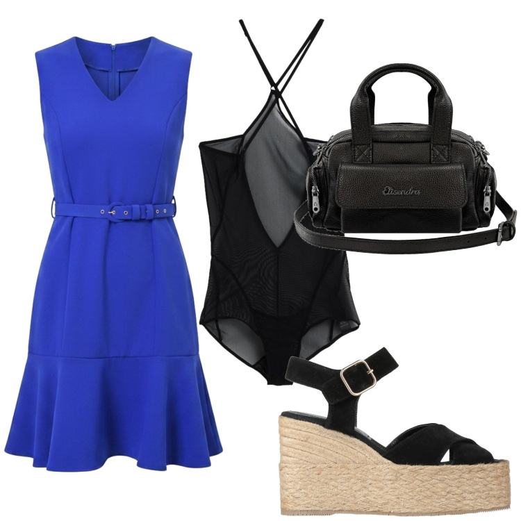Outfit donna - Aperitivo d’estate. Stile Glamour per Serata fuori. Abbinamento con body, espadrillas, borse a mano, vestiti corti.