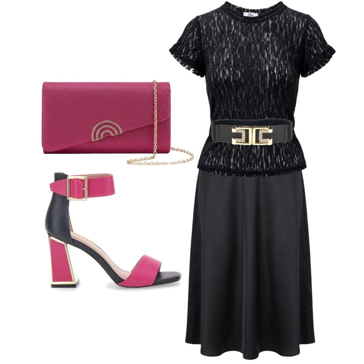 Outfit donna - Nero e fucsia. Stile Romantica per Serata fuori. Abbinamento con gonne longuette, top, sandali col tacco, cinture, pochette.