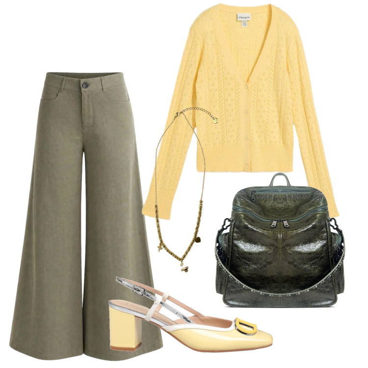 Outfit donna - Jeans flare e cardigan bon ton. Stile Casual chic per Ufficio. Abbinamento con décolleté, cardigans, pantaloni a palazzo, zaini, ciondoli.