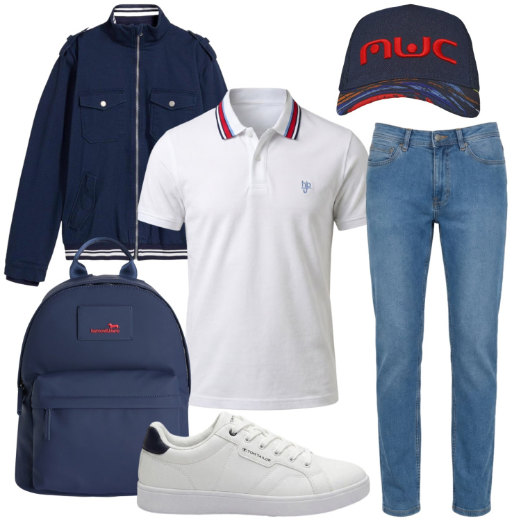 Outfit uomo - Total look #2440653. Stile Casual per Tutti i giorni. Abbinamento con giacche, sneakers, jeans, borse sportive, polo, cappelli con visiera.