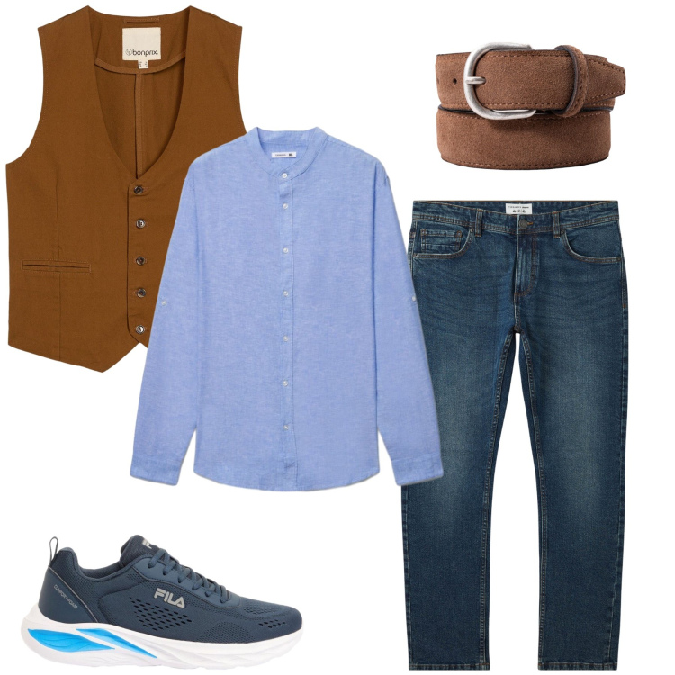 Outfit uomo - Total look #2440656. Stile Casual per Tutti i giorni. Abbinamento con gilet, sneakers, jeans, camicie, cinture.