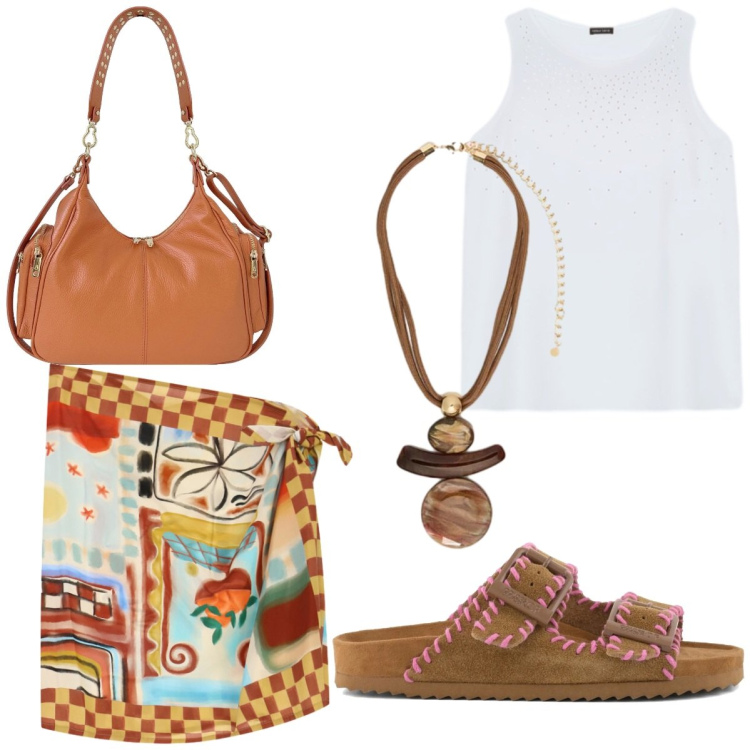 Outfit donna - Elisendra. Stile Etnico per Tutti i giorni. Abbinamento con borse a spalla, ciondoli, top, minigonne, sandali in pelle.