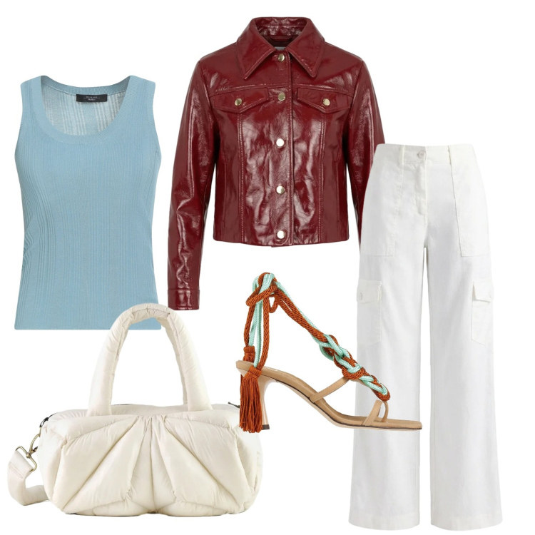 Outfit donna - Una fresca serata d\'estate. Stile Casual chic per Serata fuori. Abbinamento con top, ciabatte, giacche, pantaloni cargo, borse a mano.
