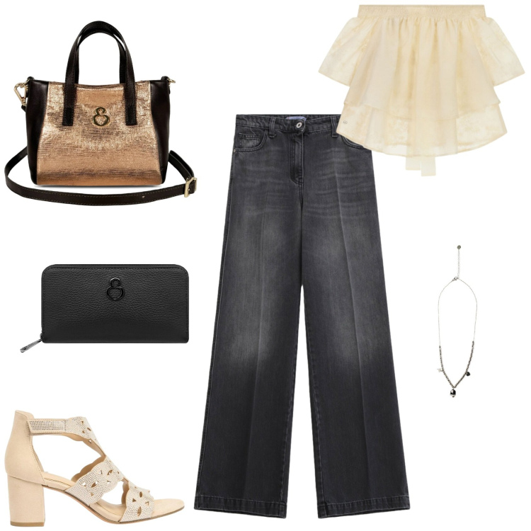 Outfit donna - Passeggiata in centro. Stile Casual chic per Serata fuori. Abbinamento con sandali col tacco, borse a mano, portafogli, ciondoli, bluse, jeans.