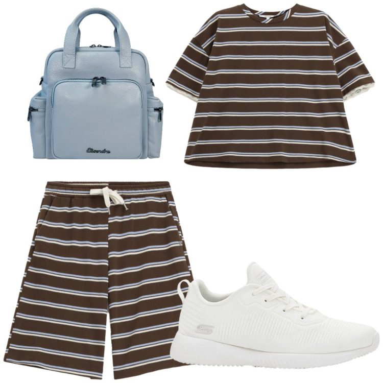 Outfit donna - Tempo libero. Stile Basic per Tutti i giorni. Abbinamento con sneakers, zaini, bermuda, t-shirt.