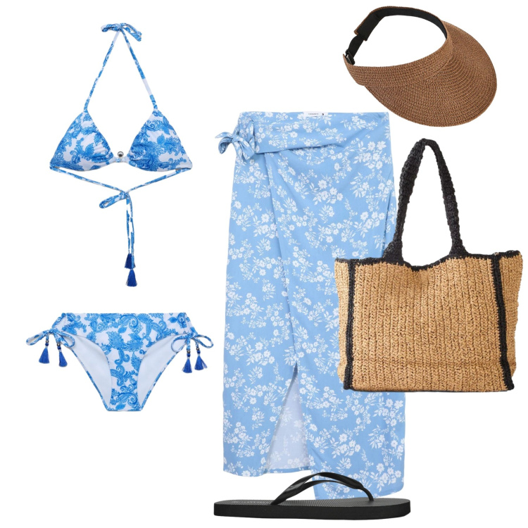 Outfit donna - Mare. Stile Minimal per Mare. Abbinamento con infradito, bikini, bikini, vestiti da spiaggia, cappelli con visiera, shopping bag.