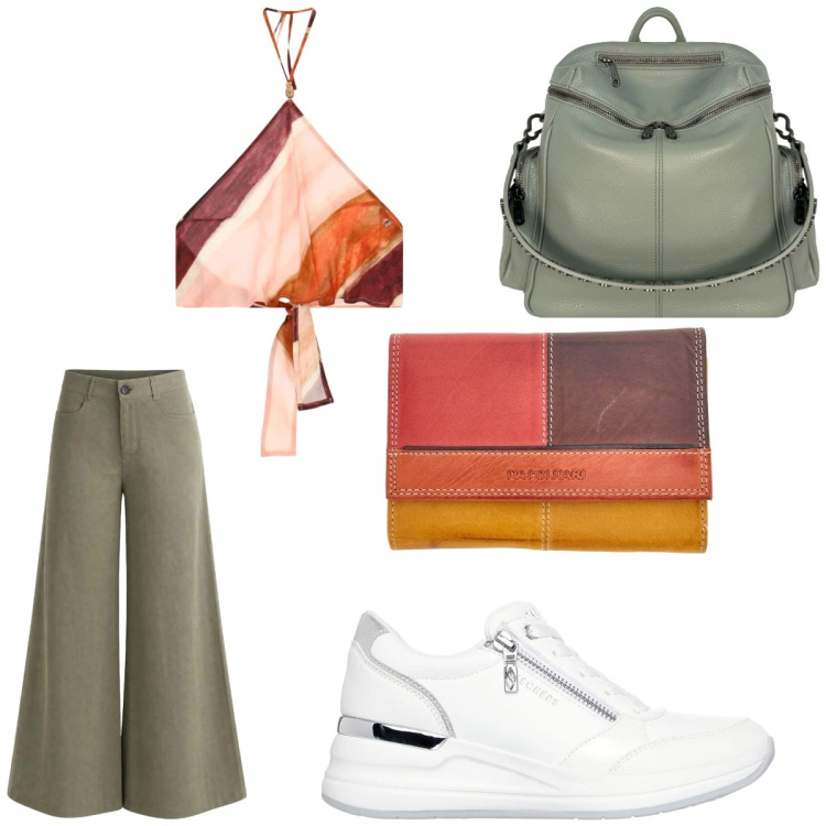 Outfit donna - Elisendra. Stile Casual per Tutti i giorni. Abbinamento con pantaloni a palazzo, zaini, top, sneakers alte, portafogli.