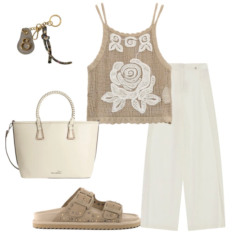 Outfit donna - Summer Holidays. Stile Casual chic per Tutti i giorni. Abbinamento con top, pantaloni a palazzo, shopping bag, portachiavi, sandali in pelle.