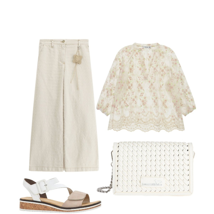 Outfit donna - Blusa romantica. Stile Romantica per Tutti i giorni. Abbinamento con sandali, borse a tracolla, bluse, pantaloni a palazzo.