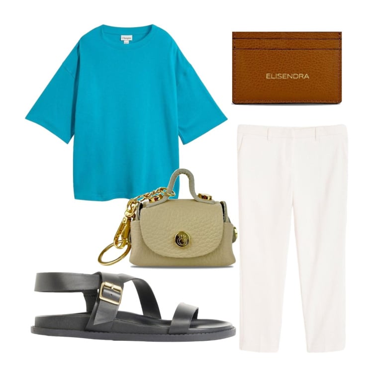 Outfit donna - Luglio. Stile Basic per Tutti i giorni. Abbinamento con t-shirt, sandali, pantaloni, portachiavi, portafogli.