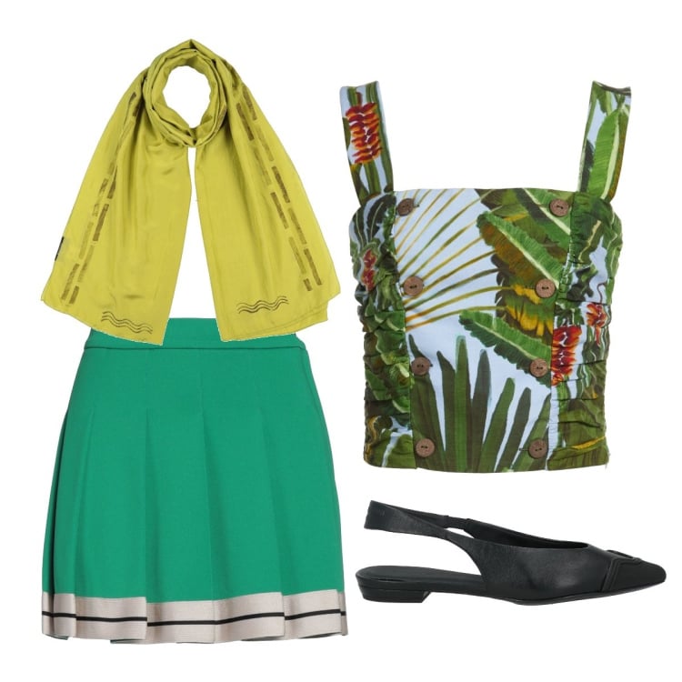 Outfit donna - Minigonna a ruota. Stile Preppy per Serata fuori. Abbinamento con minigonne, sciarpe, ballerine, top.