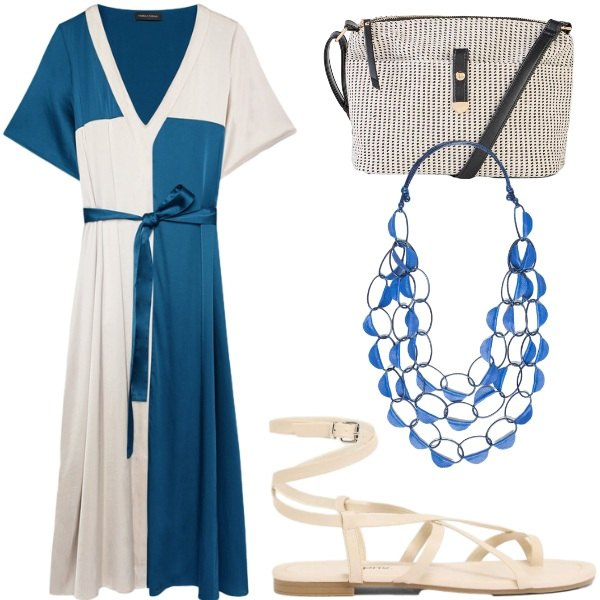 Outfit donna - Estate. Stile Casual per Tutti i giorni. Abbinamento con borse a tracolla, sandali, vestiti midi/longuette, collane.