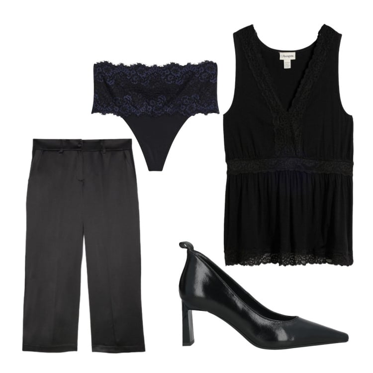 Outfit donna - Luglio. Stile Minimal per Serata fuori. Abbinamento con décolleté, perizomi, canottiere, pantaloni.