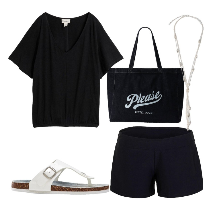 Outfit donna - Luglio. Stile Sporty chic per Sport. Abbinamento con pantaloni corti, t-shirt, infradito, collane, shopping bag.