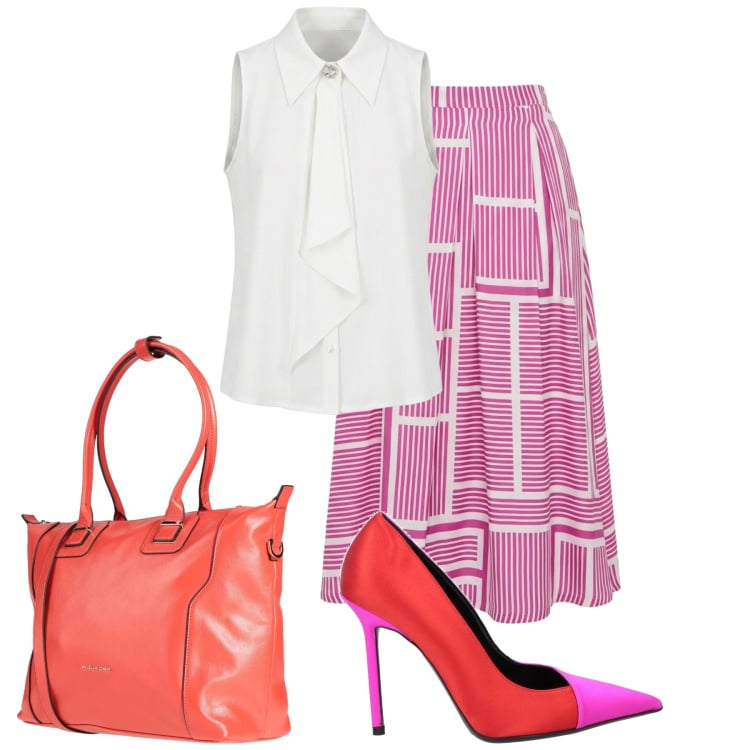 Outfit donna - Vivacità. Stile Trendy per Ufficio. Abbinamento con zaini, décolleté, gonne lunghe, top.