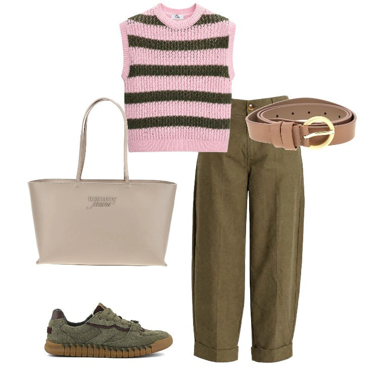 Outfit donna - Shopping sportivo. Stile Casual per Tutti i giorni. Abbinamento con pantaloni, maglieria, sneakers, borse a spalla, cinture.
