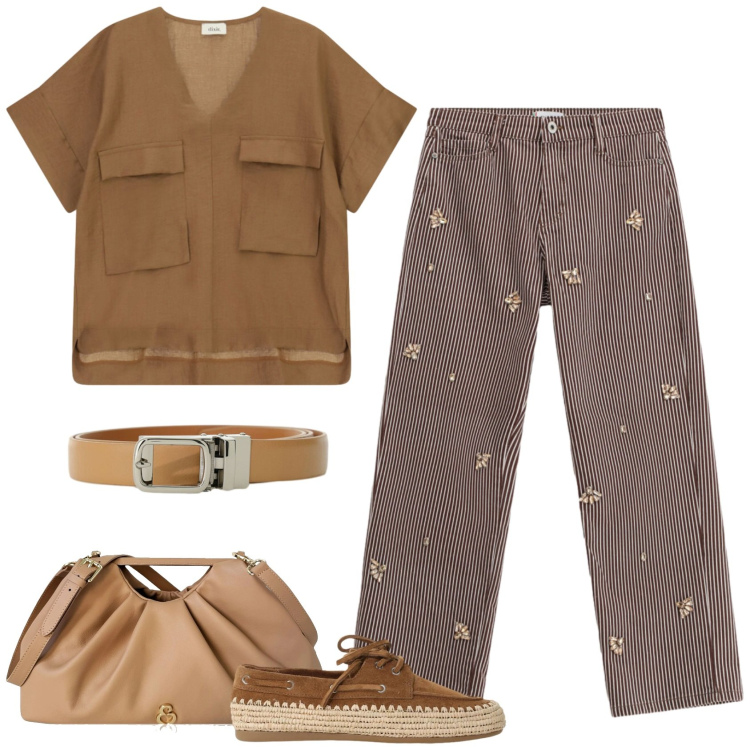 Outfit donna - Marrone. Stile Casual per Tutti i giorni. Abbinamento con clutch, pantaloni a palazzo, scarpe stringate, bluse, cinture.