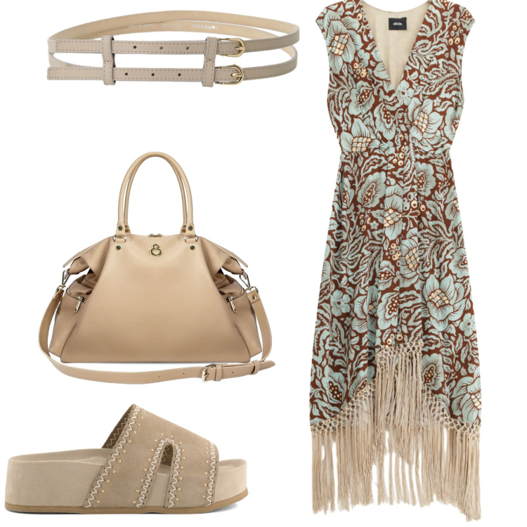 Outfit donna - Elisendra estate. Stile Casual chic per Tutti i giorni. Abbinamento con shopping bag, vestiti lunghi, cinture, zeppe.