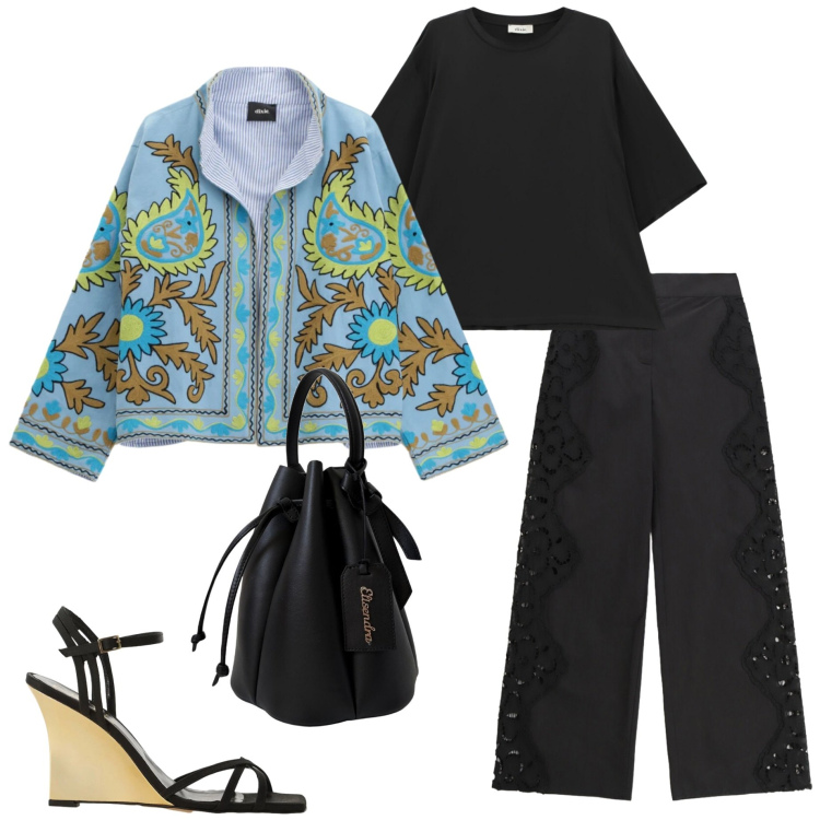 Outfit donna - Elisendra estate. Stile Casual per Tutti i giorni. Abbinamento con borse a secchiello, blazer, t-shirt, pantaloni a palazzo, sandali col tacco.