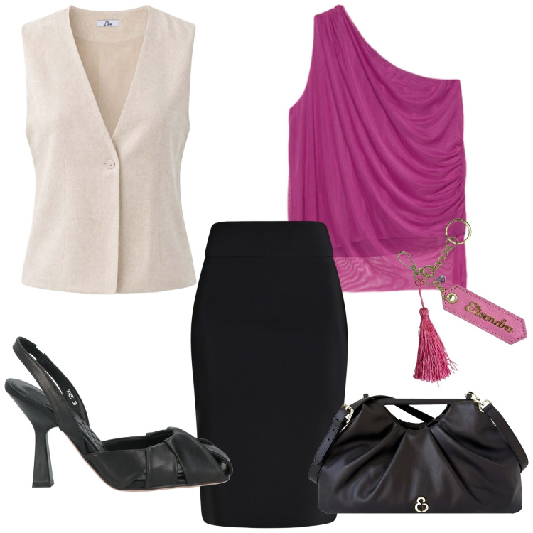 Outfit donna - Total look #2440705. Stile Chic per Serata fuori. Abbinamento con décolleté, gilet, clutch, portachiavi, top, gonne longuette.