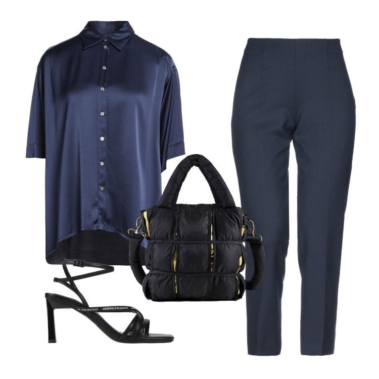 Outfit donna - Blu estate. Stile Mannish per Ufficio. Abbinamento con pantaloni, camicie a manica corta, sandali col tacco, borse a mano.