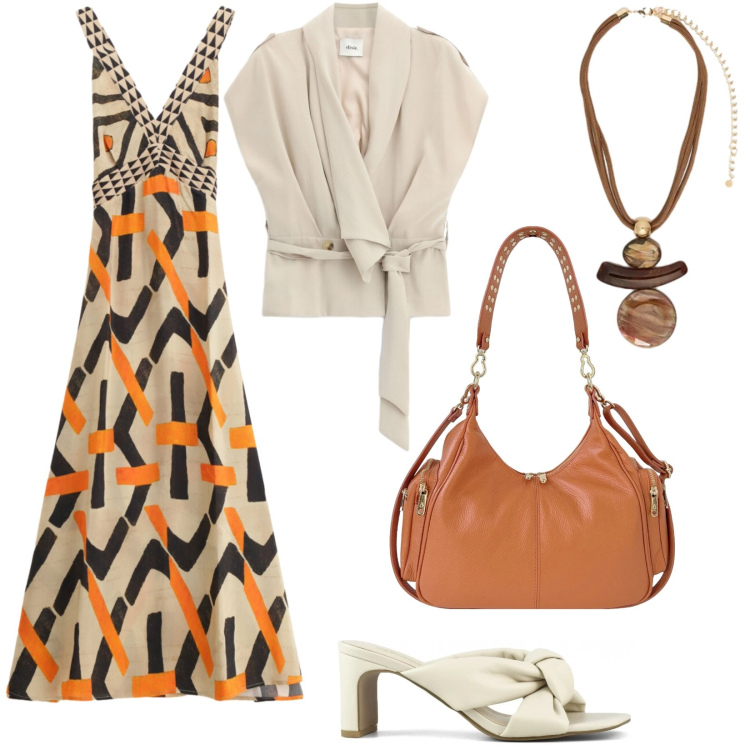 Outfit donna - Aperitivo elegante. Stile Chic per Tutti i giorni. Abbinamento con blazer, vestiti lunghi, ciondoli, borse a spalla, sandali col tacco.