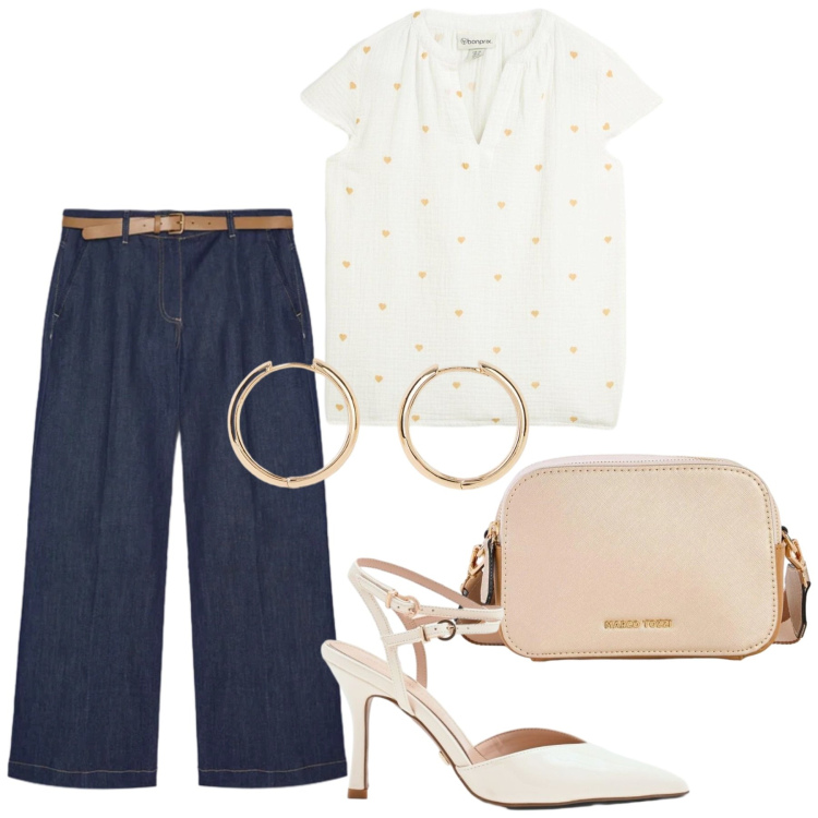 Outfit donna - Total look #2440710. Stile Casual per Ufficio. Abbinamento con orecchini, borse a tracolla, tuniche, jeans, décolleté.
