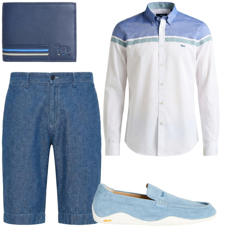 Outfit uomo - Maniche arrotolate e apericena. Stile Trendy per Serata speciale. Abbinamento con portafogli, scarpe stringate, bermuda, camicie.
