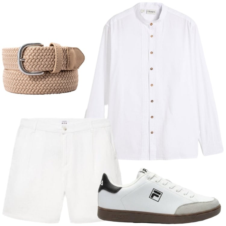 Outfit uomo - White party. Stile Trendy per Serata speciale. Abbinamento con camicie, sneakers, pantaloni corti, cinture.