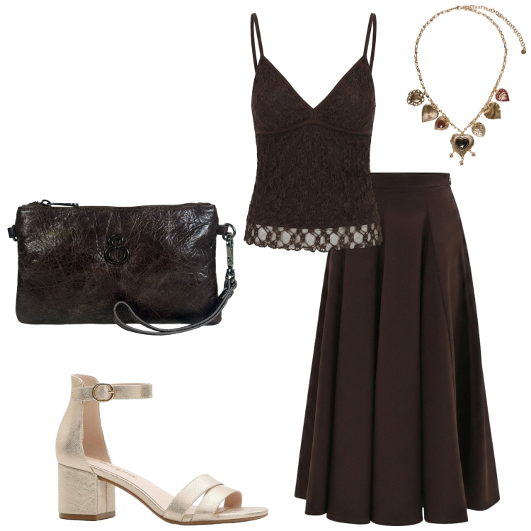 Outfit donna - Serata estiva. Stile Casual chic per Serata fuori. Abbinamento con sandali col tacco, pochette, collane, gonne longuette, canottiere.