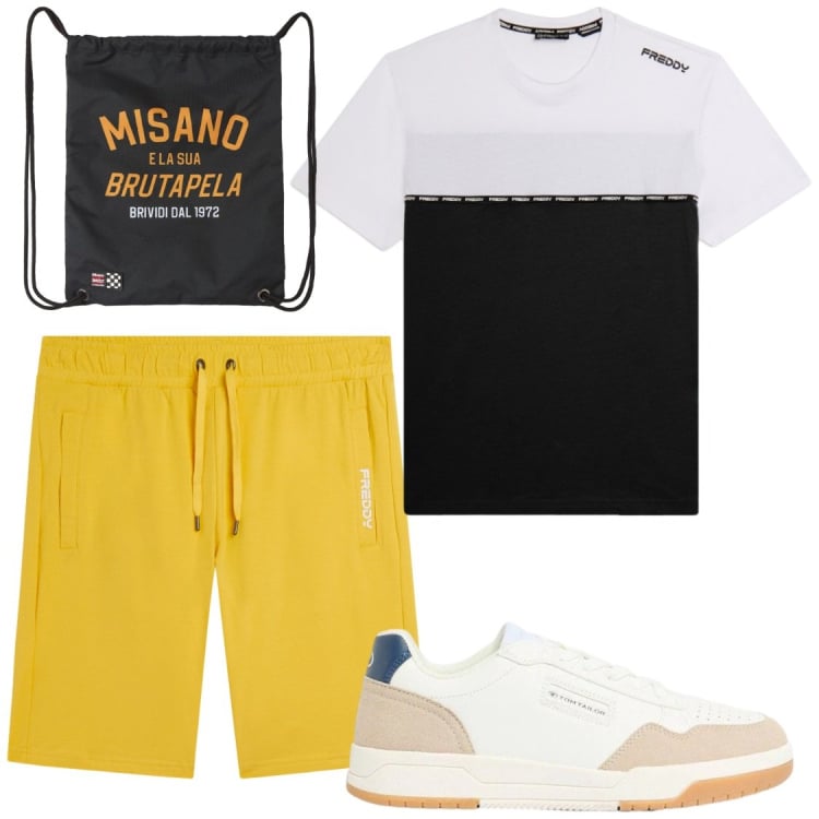 Outfit uomo - Free time. Stile Casual per Tutti i giorni. Abbinamento con sneakers, borse sportive, pantaloni corti, t-shirt.