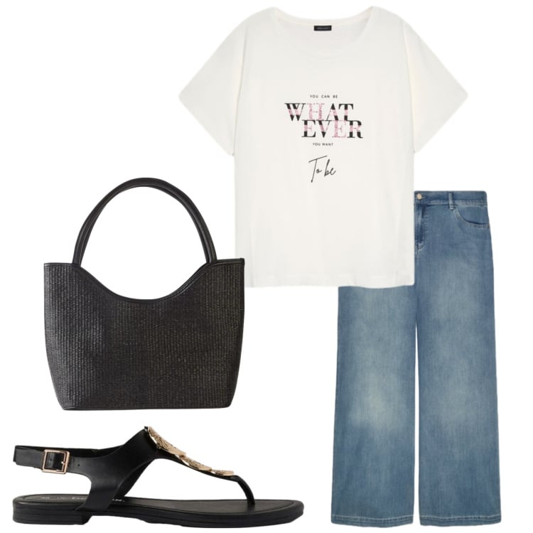 Outfit donna - In città. Stile Casual chic per Tutti i giorni. Abbinamento con shopping bag, ciabatte, t-shirt, jeans dritti.