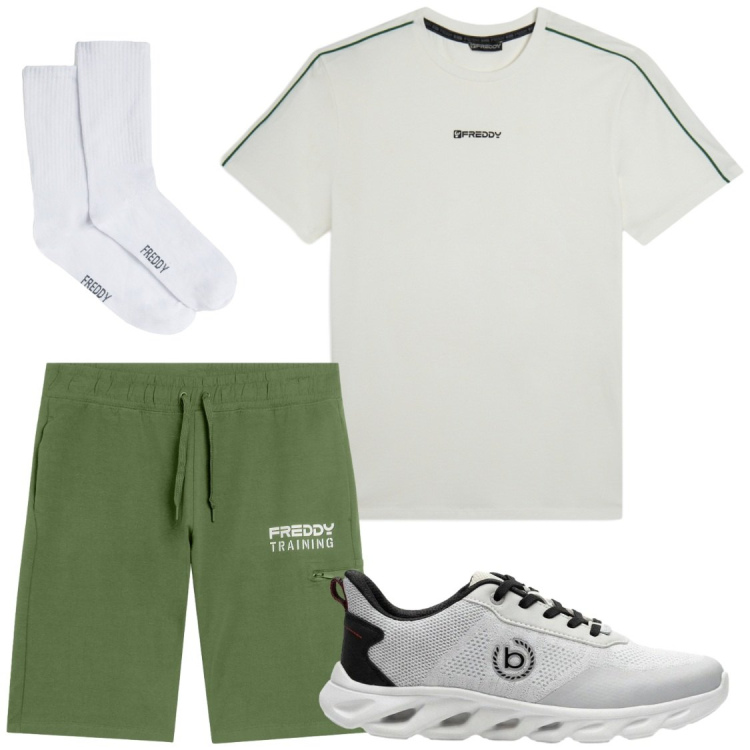 Outfit uomo - Free time. Stile Casual per Tutti i giorni. Abbinamento con sneakers, t-shirt, calzini, bermuda.