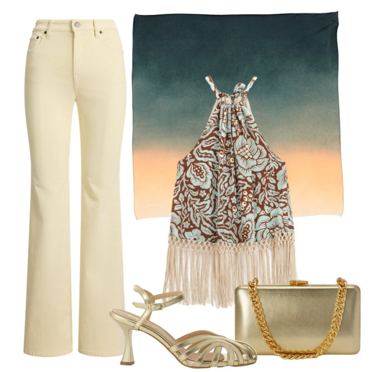 Outfit donna - Total look #2440721. Stile Glamour per Serata fuori. Abbinamento con sciarpe, sandali col tacco, top, clutch, pantaloni.
