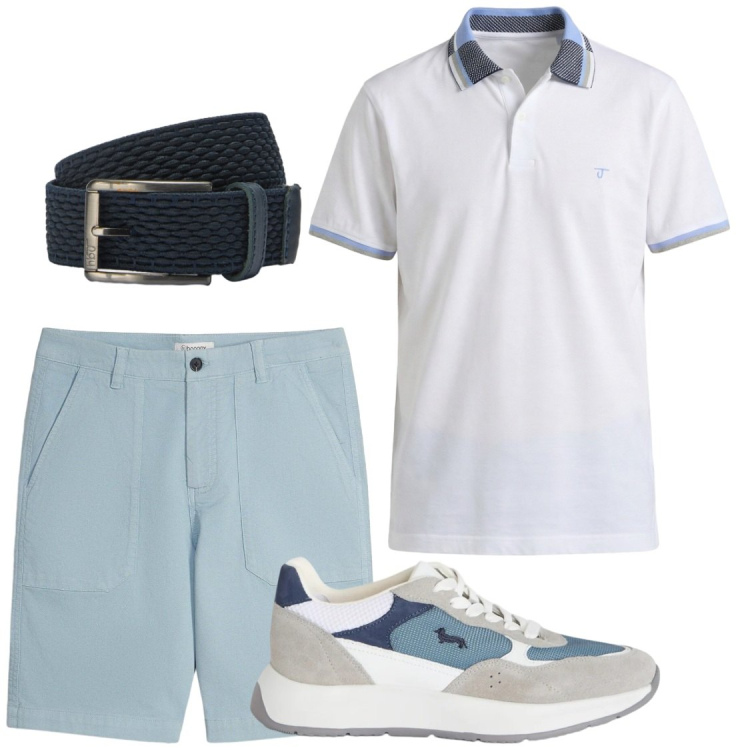 Outfit uomo - Serate estive. Stile Trendy per Serata speciale. Abbinamento con shorts, sneakers, polo, cinture.
