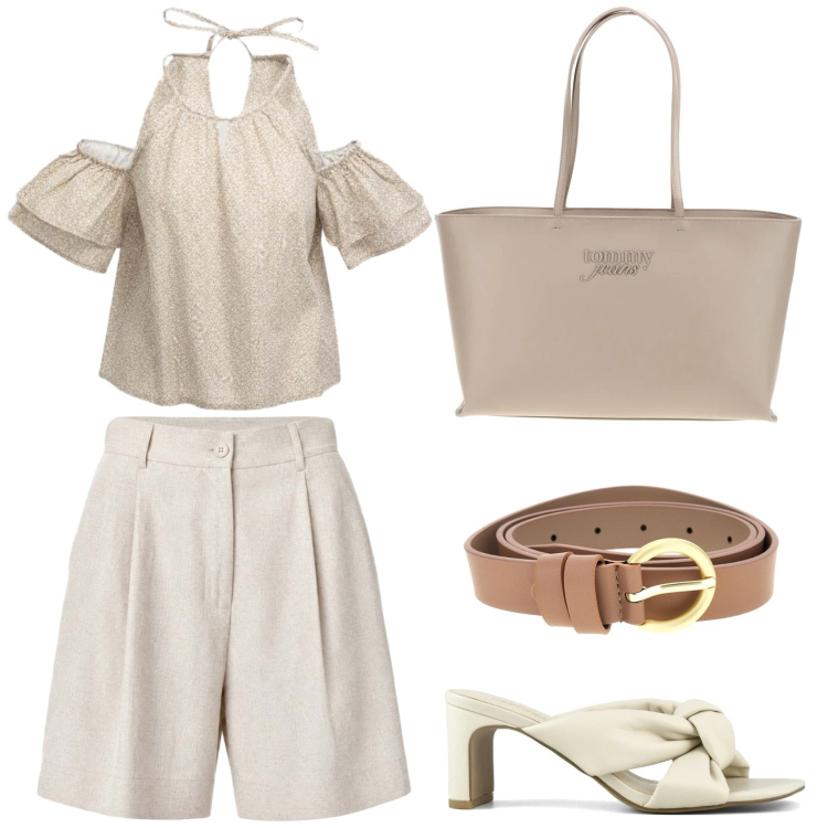 Outfit donna - Nude color con I AM. Stile Casual chic per Tutti i giorni. Abbinamento con shorts, top, sandali col tacco, borse a spalla, cinture.