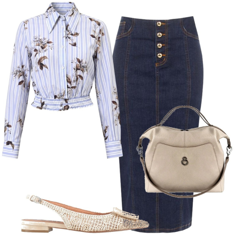 Outfit donna - Ufficio o serata. Stile Chic per Serata fuori. Abbinamento con ballerine, borse a mano, gonne longuette, camicie.
