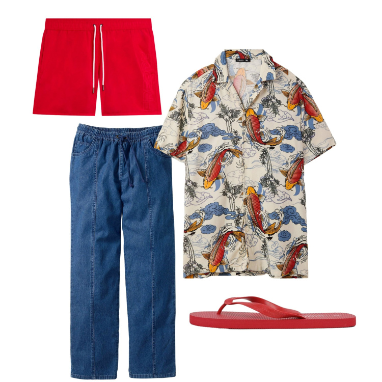 Outfit uomo - Carpe diem. Stile Casual per Mare. Abbinamento con pantaloni, camicie a manica corta, sandali, costumi.