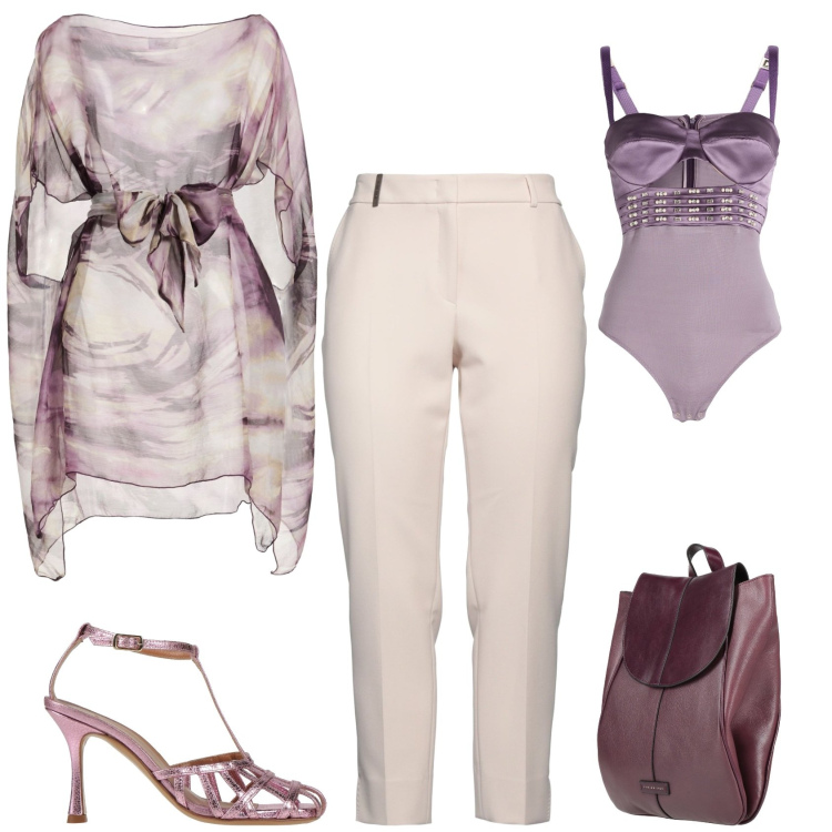 Outfit donna - Chic serata evento. Stile Chic per Serata fuori. Abbinamento con pantaloni, body, top, zaini, sandali in pelle.