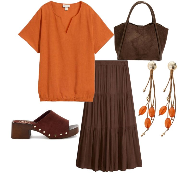 Outfit donna - Arancio e marrone. Stile Casual per Tutti i giorni. Abbinamento con gonne lunghe, bluse, orecchini, borse a spalla, sandali col tacco.