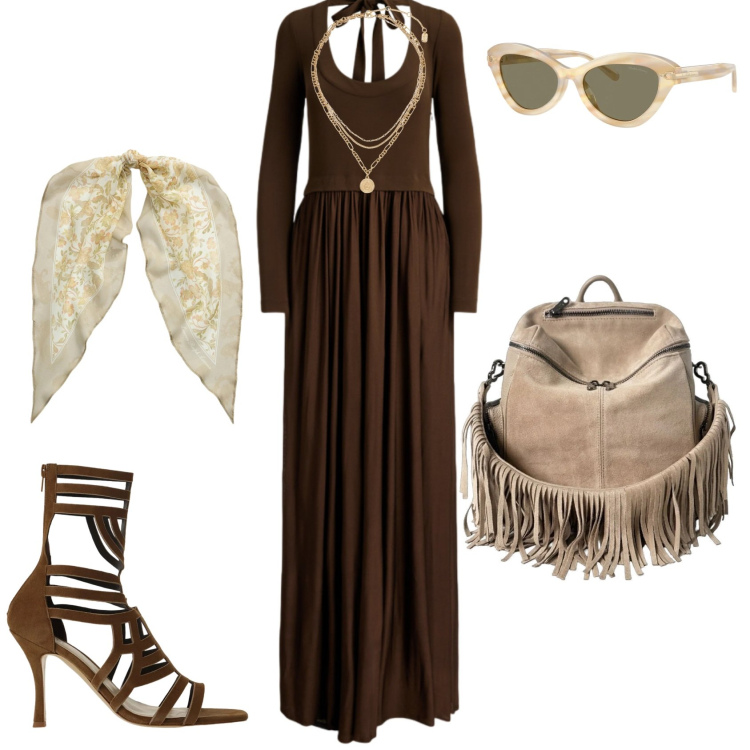 Outfit donna - Boho chic evento. Stile Boho per Tutti i giorni. Abbinamento con zaini, ciondoli, occhiali da sole, foulard, vestiti lunghi, sandali col tacco.