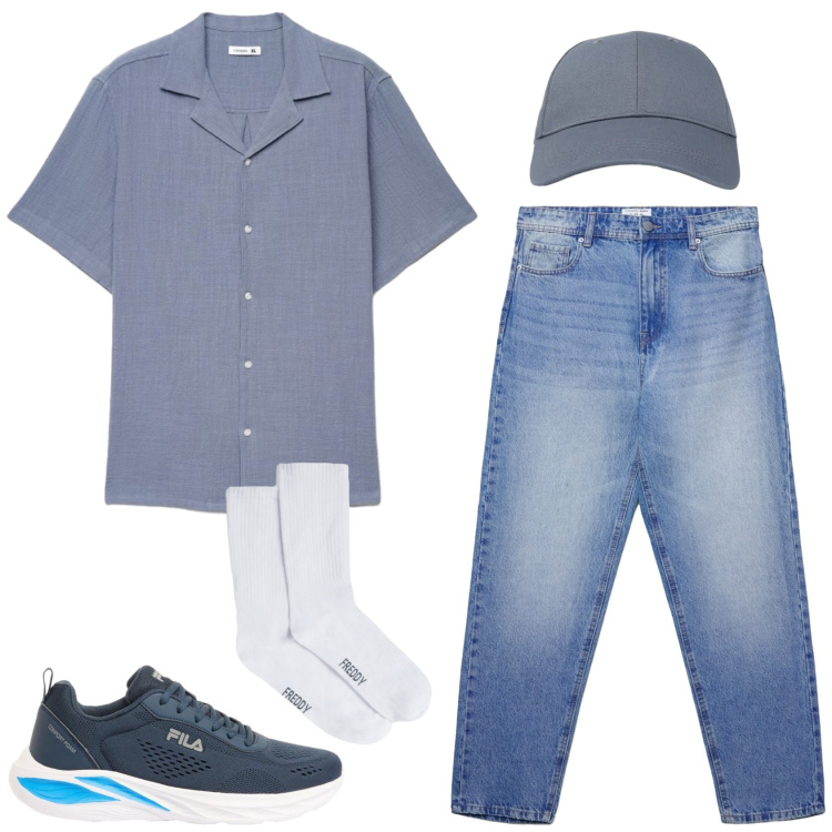 Outfit uomo - Denim lover. Stile Casual per Tutti i giorni. Abbinamento con sneakers, jeans, cappelli con visiera, camicie a manica corta, calzini.