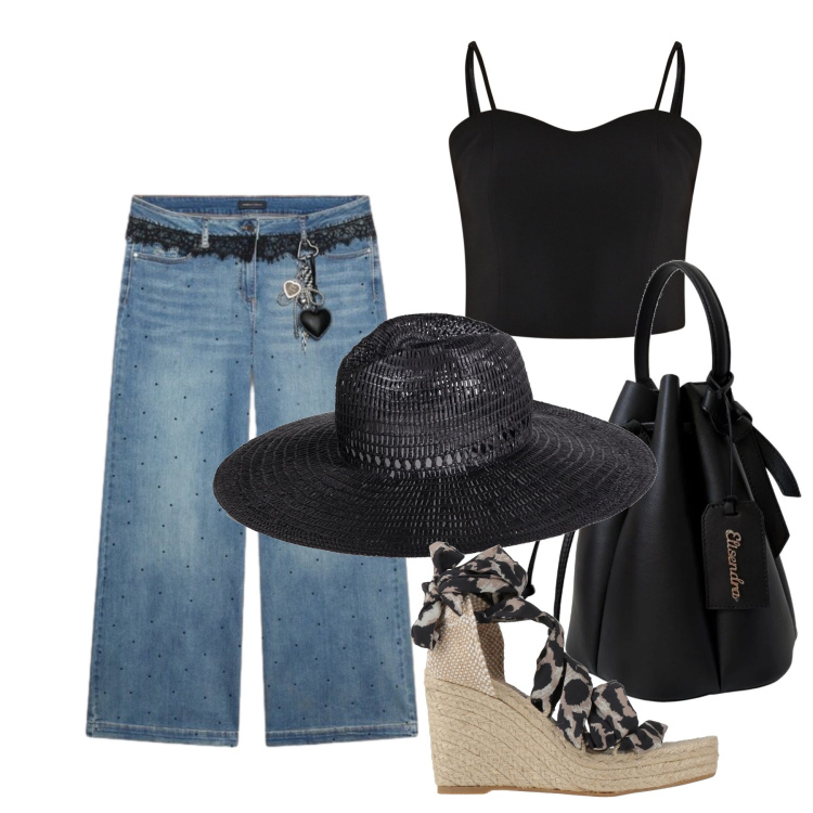 Outfit donna - Luglio. Stile Trendy per Tutti i giorni. Abbinamento con cappelli, espadrillas, borse a secchiello, jeans, top.