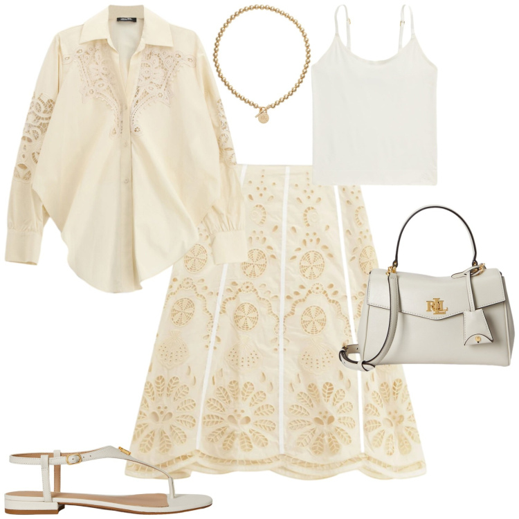 Outfit donna - Chic serata evento. Stile Chic per Serata fuori. Abbinamento con collane, magliette intime, sandali in pelle, borse a mano, camicie, gonne longuette.