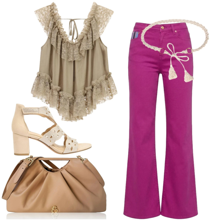 Outfit donna - Total look #2440742. Stile Chic per Serata fuori. Abbinamento con sandali col tacco, pantaloni, clutch, cinture, top.
