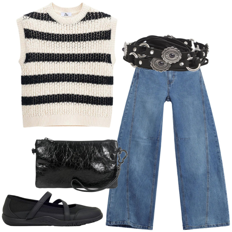 Outfit donna - Total look #2440743. Stile Casual chic per Tutti i giorni. Abbinamento con ballerine, top, pochette, cinture, jeans.