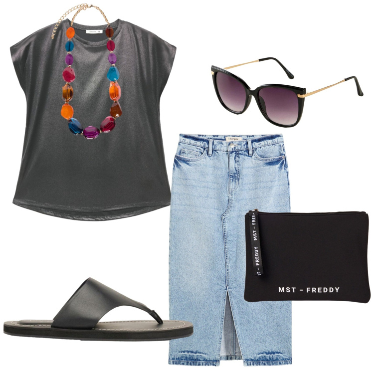 Outfit donna - Total look #2440745. Stile Trendy per Tutti i giorni. Abbinamento con infradito, gonne longuette, occhiali da sole, t-shirt, collane, pochette.