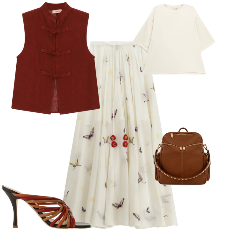Outfit donna - Boho chic serata. Stile Boho per Serata fuori. Abbinamento con zaini, t-shirt, sandali, gonne lunghe, top.