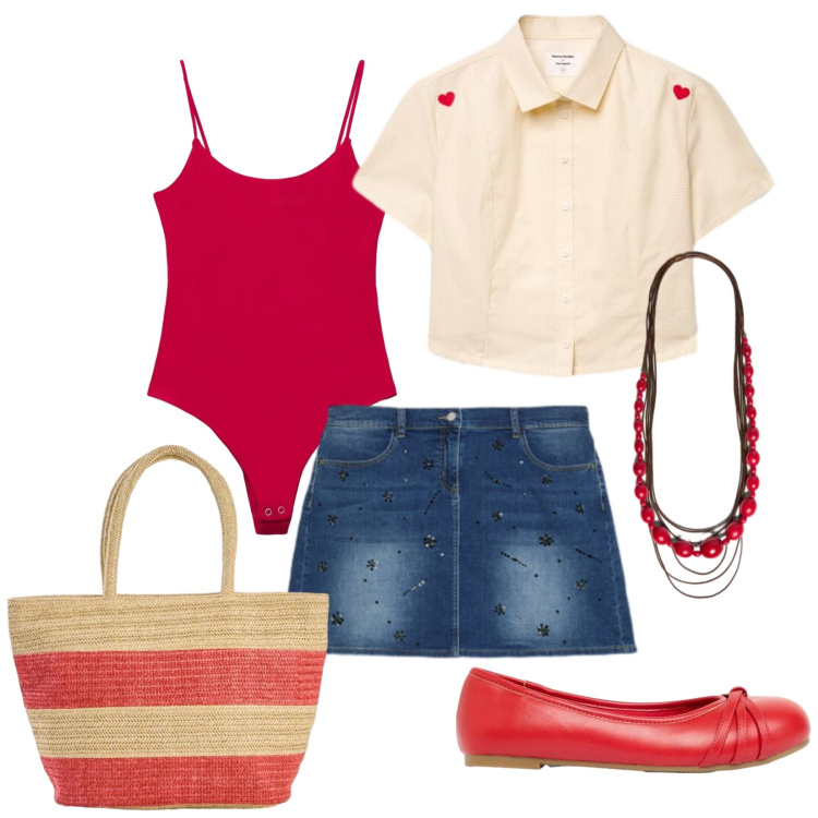 Outfit donna - Total look #2440748. Stile Romantica per Tutti i giorni. Abbinamento con shopping bag, ballerine, top, camicie a manica corta, minigonne, collane.